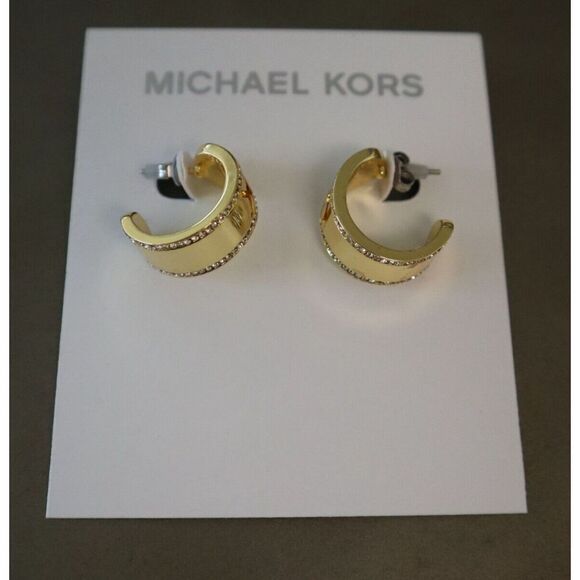 Michael Kors MKJ8007710 Gold Tone MK Logo Pavé Crystals Chunky C Hoop Earrings - Picture 1 of 8